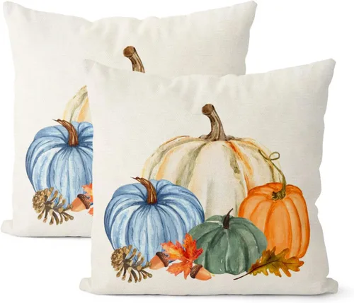 Miniatura 30 de Juego de 2 fundas de almohada de otoño de 16 x 16 pulgadas, diseño de calabaza azul y naranja, decoración de Acción de Gracias, decoración de otoño