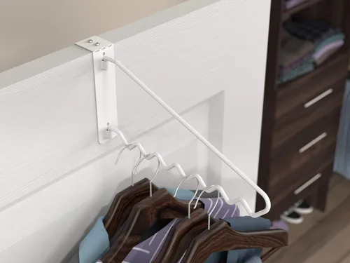 Miniatura 3 de ClosetMaid Barra de valet colgante para instalación en pared o puerta, accesorios incluidos, diseño plegable, acero duradero, color blanco