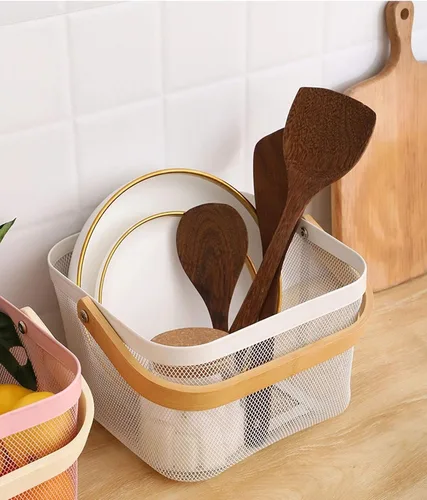 Miniatura 7 de AJIODA Paquete de 3 cestas de acero de malla metálica, cesta organizadora de almacenamiento, cesta de cocina colgante multifuncional, cesta de Blanco