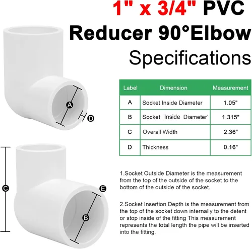 Miniatura 3 de 8Pack 1" x 3/4" PVC Increaser/Reducer 90 Degree Elbow PVC Pipe Fittings (Socket x Socket) Schedule 40 PVC Slip Reducing 90° Elbow Pipe Fittings for