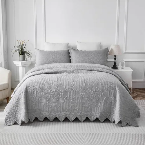 Miniatura 4 de Brandream - Juego de edredón tamaño Queen de algodón, edredones de estilo granja, ropa de cama Matelasse, colcha con borde festoneado, 3 piezas