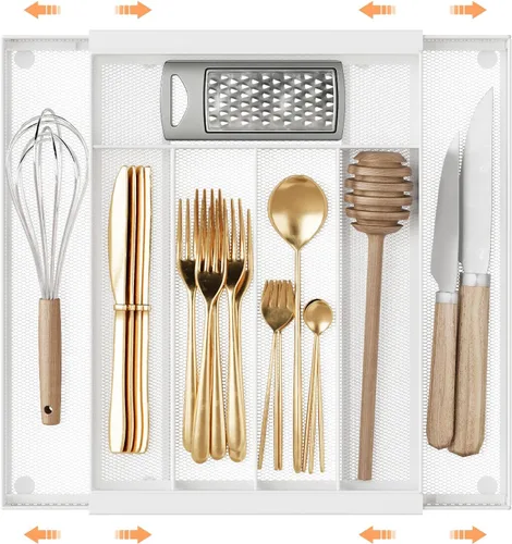 Sedegn Organizador de utensilios de cocina expandible – Bandeja de cubiertos ajustable de 9.6 a 16.1 pulgadas con 5 – 7 compartimentos – Se adapta a