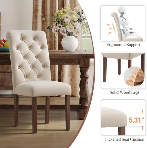 Miniatura 4 de MALOL Parsons - Juego de 4 sillas de comedor tapizadas copetudas, sillas de cocina con asiento acolchado y patas de madera maciza, sillas laterales