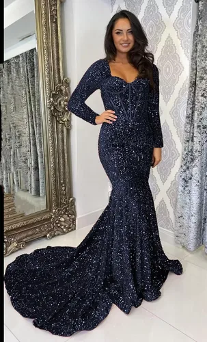 Miniatura 5 de Miao Duo Vestido de fiesta de sirena de manga larga para mujer con tren elástico brillante lentejuelas vestidos de noche formales YZTS090