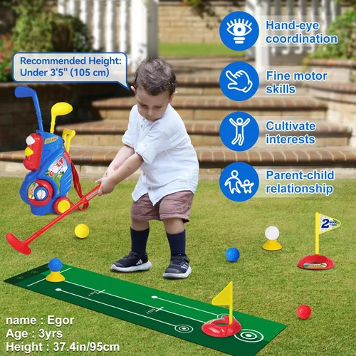 Miniatura 5 de Juego de palos de golf para niños y niñas de 1, 2, 3, 4 años, juego de palos de golf para niños con carrito y tapete de puting, juguetes deportivos