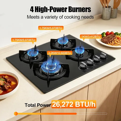 Miniatura 2 de Estufa de gas de 23 pulgadas, 4 quemadores, estufa de gas integrada con panel de vidrio templado, estufa de GN/LPG, quemadores de cocina