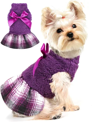 Suéteres para perros pequeños y niñas, vestido suéter, dobladillo a cuadros, cuello alto, ropa mullida para mujer, abrigo cálido para mascotas, ropa