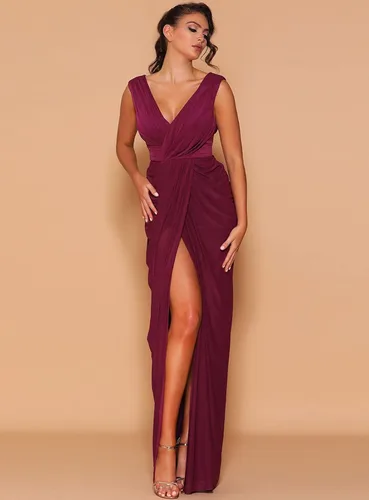 Miniatura 2 de GOEBAODEEN Vestidos largos de dama de honor con cuello en V para boda, vestido de noche formal de gasa plisada con abertura alta