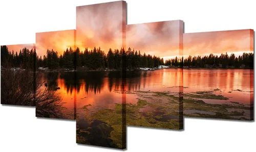 Miniatura 15 de TUMOVO Lienzo decorativo para pared de sala de estar, 5 paneles de naturaleza, Alaska, Estados Unidos, autopista alrededor de montañas, paisaje