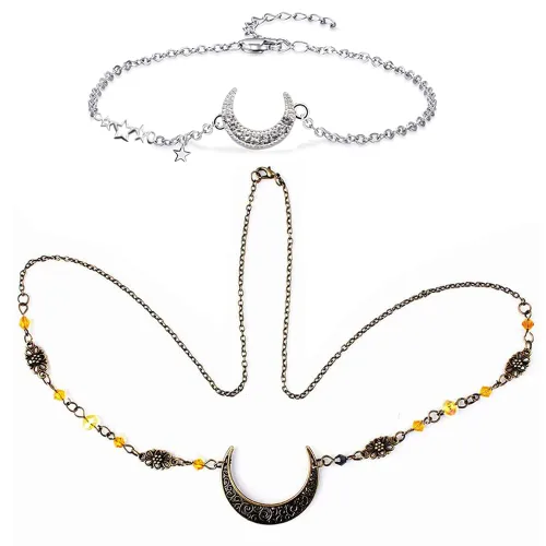 Miniatura 12 de Diadema de bruja con diseño de luna para mujer, corona de hada de elfo, disfraz de frente gitana vikinga, diadema bohemia luna dorada