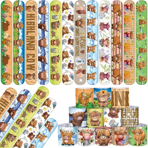48 pulseras de vaca de las tierras altas, recuerdos de fiesta de animales de dibujos animados para niños y niñas, suministros de fiesta de baby