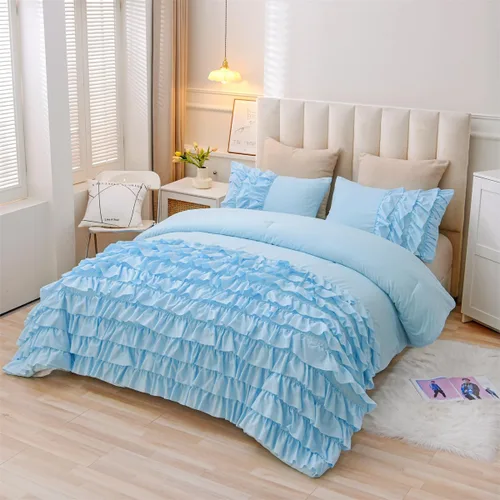 Miniatura 2 de Holawakaka Juego de edredón con volantes en cascada de color azul claro, juego de ropa de cama con volantes estilo shabby chic para niñas, mujeres