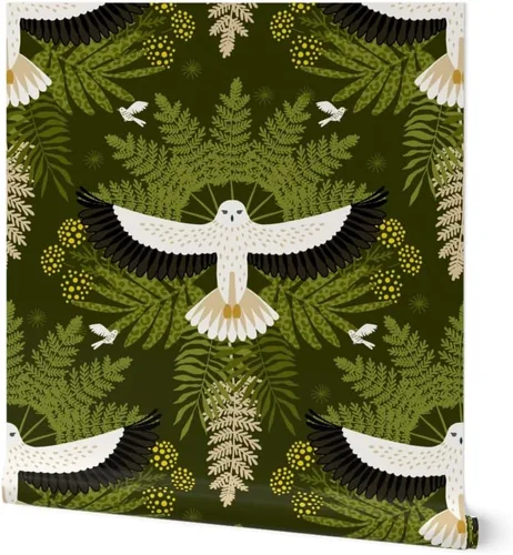 Muestra de papel tapiz extraíble – Woodland Damasco Botánico Pájaro Botánico Moderno Selva Halcón Búho Helecho Hojas Papel pintado personalizado