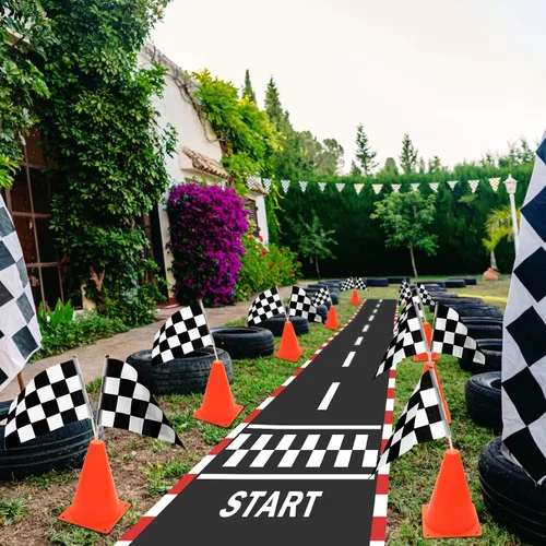 Miniatura 5 de AHIER Juego de 38 conos de tráfico y banderas de carreras – 12 conos de plástico con agujero, 24 banderas a cuadros con palos, corredor de pista