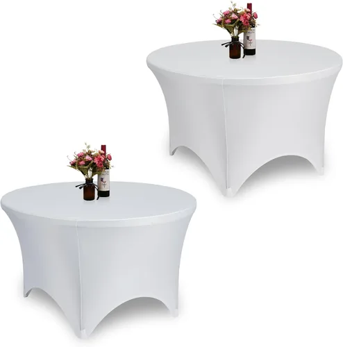 GFCC Paquete de 2 manteles redondos de elastano de 60 pulgadas, color blanco, elástico ajustable de 5 pies, para bodas, fiestas, eventos, manteles