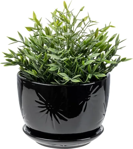 Miniatura 9 de MyGift - Maceta redonda de cerámica amarilla de 17,78 cm con orificio de drenaje y platillo adjunto, moderna y decorativa, con relieve
