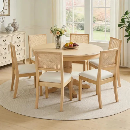 Miniatura 15 de Juego de 2 sillas de comedor de ratán, sillas de comedor de cocina con respaldo de bastón, silla tapizada de ratán moderna de mediados de siglo