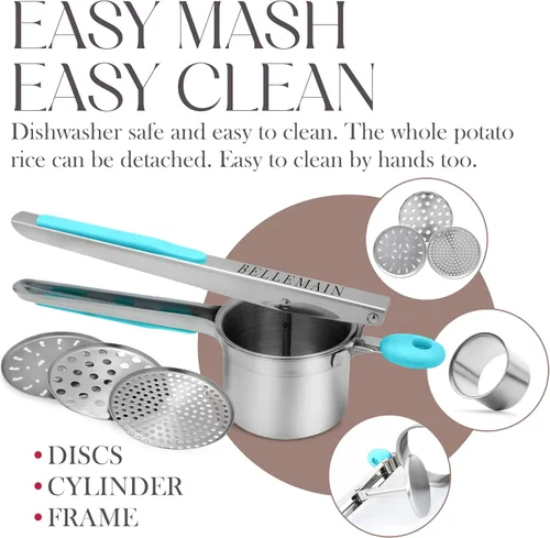 Miniatura 2 de Triturador de patatas Bellemain de 15 oz con 3 discos intercambiables, triturador de patatas de acero inoxidable, herramienta de cocina para puré