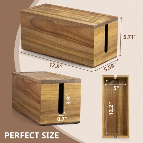 Miniatura 2 de Caja organizadora de cables de madera de acacia, caja organizadora de cables, 2 ranuras abiertas, organizador de cables para debajo del escritorio