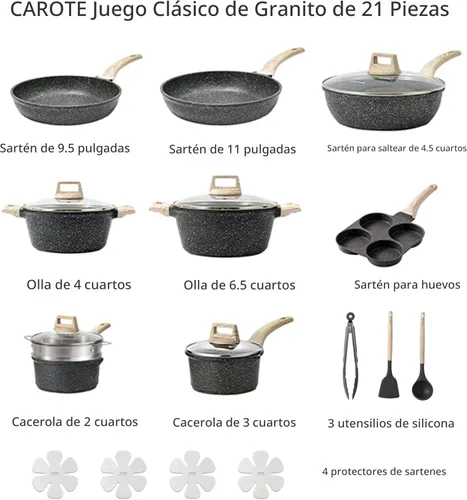 Miniatura 2 de CAROTE - Juego de 21 piezas de ollas y sartenes antiadherentes, juego de utensilios de cocina de inducción de granito negro, con sartenes