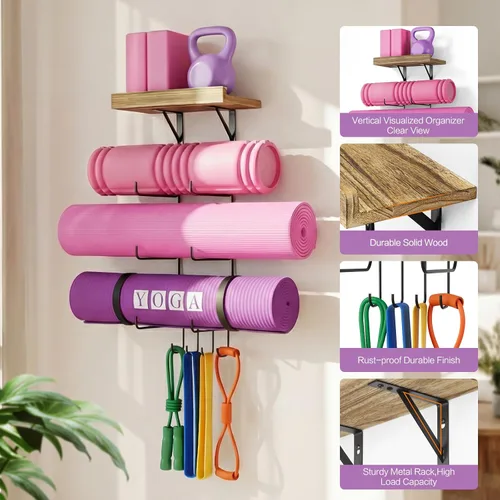 Miniatura 2 de Bikoney Soporte para Esterilla de Yoga Montaje en Pared Almacenamiento de Esterilla de Yoga Accesorios de Gimnasio en Casa con Estantes Flotantes