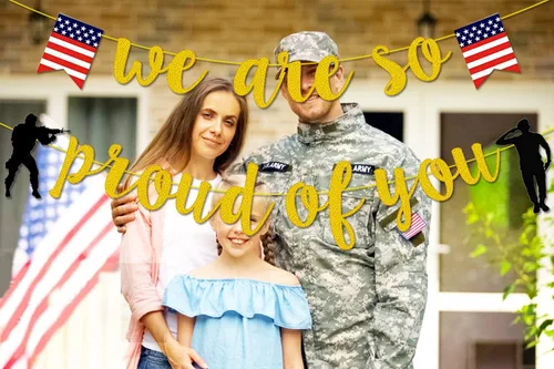 Miniatura 3 de Decoraciones militares para fiestas, pancarta dorada con purpurina con texto en inglés "We are So Proud of You", bandera estadounidense con la frase