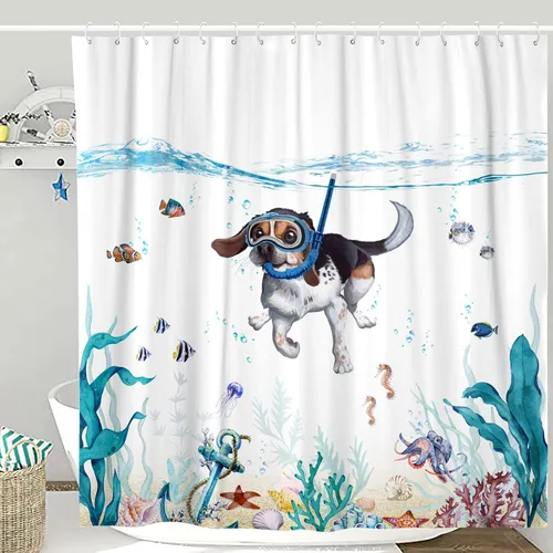 Divertida cortina de ducha para perro, verde azulado, azul, mar, océano, impermeable, cortinas de ducha para baño con animales, pulpo, estrella de