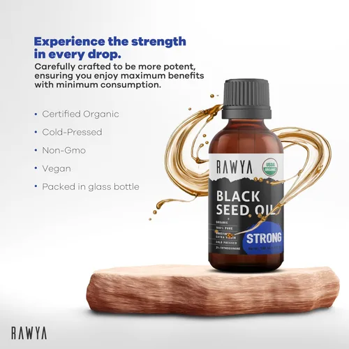 Miniatura 3 de RAWYA Aceite de semilla negra, sabor extrafuerte, alto TQ, prensado en frío, botella de vidrio, aceite de nigella sativa, ideal para el cuidado