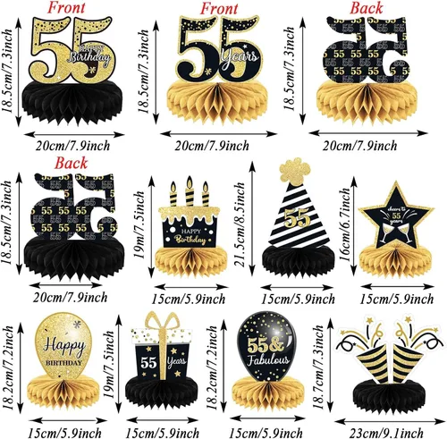 Miniatura 2 de 9 piezas de decoración de cumpleaños número 55 para centros de mesa de cumpleaños 55 para decoración de mesas, decoraciones de nido de abeja de 55