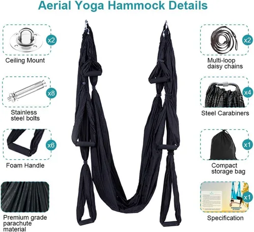 Miniatura 3 de Kit de hamaca de yoga para trapecio aéreo, ultra fuerte, antigravedad para yoga, volador, juego de herramientas de columpio de inversión Negro