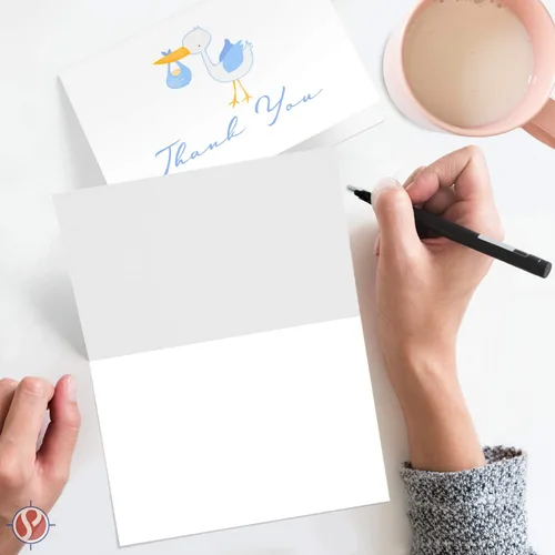 Miniatura 3 de Tarjetas de felicitación de agradecimiento de cigüeña azul para bebé, saludos de baby shower, invitación, felicitaciones, celebración, celebración