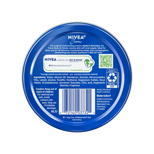 Miniatura 17 de NIVEA Crema hidratante para el cuerpo, la cara y las manos, fórmula alemana, rica crema hidratante corporal con provitamina B5, lata de 8.4 onzas