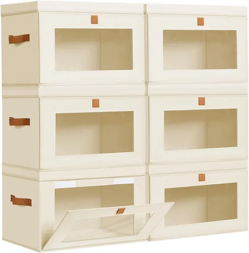 Miniatura 24 de DIMJ Contenedores de Almacenamiento con Tapas - Paquete de 4 Organizadores Grandes de Tela para Armario con Ventana y Asas, Cajas de Almacenamiento