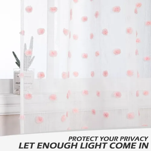Miniatura 4 de MYSKY HOME Cortinas rosas para dormitorio de 63 pulgadas de largo, con pompones, cortinas traslúcidas blancas cortas para habitación de niños
