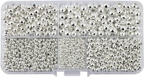 Miniatura 2 de (R) Cuentas metálicas redondas chapadas en plata lisas surtidas tamaño jumbo, paquete de 2100 piezas Plata 2100 piezas tamaño mixto