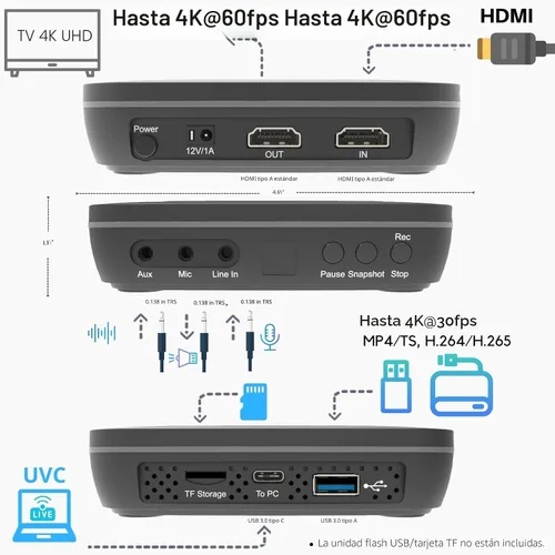 Miniatura 4 de ClonerAlliance UHD Pro, grabadora de video 4K, DVR de captura HDMI con códec H.265/H.264, grabación cinemática de 4K a 24 fps (hasta 4K @30 fps),