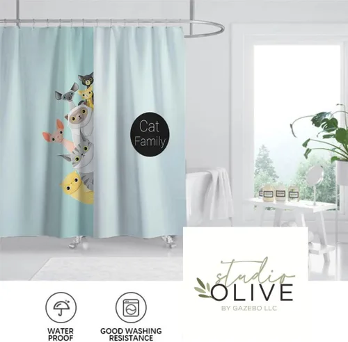 Divertida cortina de ducha de gatos para niños, decoración de baño en poliéster con 12 ganchos de metal, cortina de ducha azul claro para niños, 78