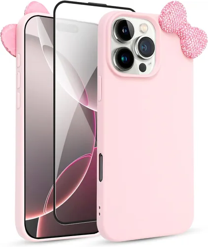 Funda Linda para iPhone 13 de 6.1 Pulgadas con Protector de Pantalla HD, Fundas de Teléfono con Arco de Pedrería de Color Rosa para Mujeres Niñas y