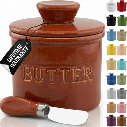 Miniatura 21 de PriorityChef - Mantequera con tapa con línea de agua, plato de mantequilla francesa de cerámica para dejar en la encimera, color caqui