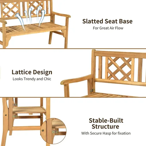 Miniatura 6 de HAPPYGRILL Banco de patio al aire libre, banco de jardín de madera de acacia con respaldo y reposabrazos, silla plegable de 4 pies para dos personas