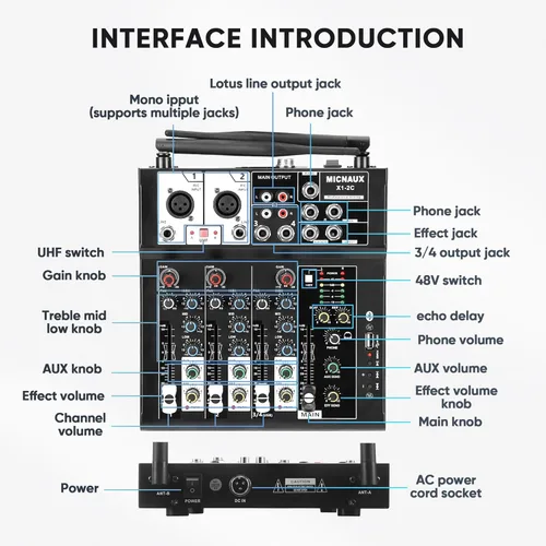 Miniatura 9 de Mezclador de audio de 4 canales, mezclador de karaoke con micrófonos inalámbricos duales, tablero de sonido profesional, consola de mezcla de DJ