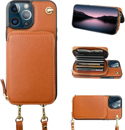 Miniatura 12 de Bocasal Funda tipo cartera cruzada para iPhone 13 Pro, funda de piel con bloqueo RFID y soporte para tarjetas, funda protectora con cremallera