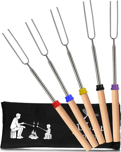 Zulay Kitchen Varillas de malvavisco resistentes para hoguera extra largas – Kit de palos Smores – Brochetas para asar malvaviscos – Tenedor para