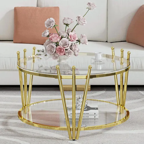 Miniatura 8 de Mesa auxiliar redonda de vidrio dorado de 19.7 pulgadas para sala de estar, diseño moderno de corona de lujo, patas de acero inoxidable con diseño