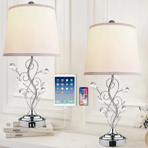 Miniatura 9 de Sheetea Juego de 2 lámparas de mesa estilo granja de 24.5 pulgadas, lámparas rústicas para dormitorio con 2 puertos de carga USB, pantalla de tela