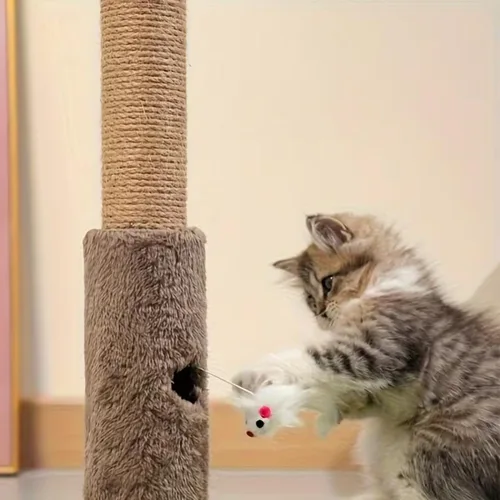 Miniatura 8 de Poste rascador interactivo para gatos de 35 pulgadas de alto con hojas de eucalipto artificiales, árbol para gatos con bolas de madera y cuerda