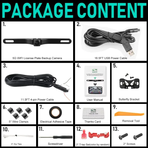Miniatura 7 de Cámara de respaldo WiFi para auto, GreenYi 5G 720P HD para matrícula trasera/vista frontal reversa para iPhone iPad Android teléfonos inteligentes