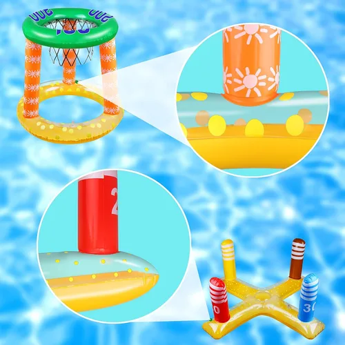 Miniatura 4 de Juego de 8 anillos inflables, aro de baloncesto inflable, juego de lanzamiento de cactus, juego de lanzamiento cruzado y 2 pelotas de baloncesto