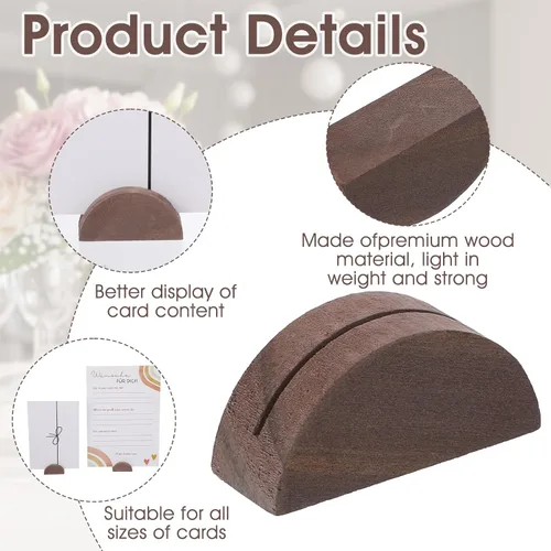 Miniatura 3 de 12 soportes de madera para tarjetas, diseño semicircular, soporte para tarjetas de madera de 1.6 pulgadas, soportes para números de mesa, soporte
