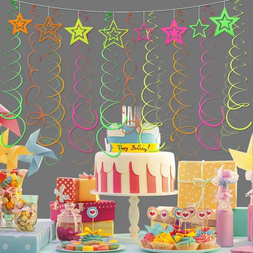 Miniatura 7 de 54 piezas de guirnaldas de papel en espiral colgantes UV con estrellas de neón, serpentinas brillantes, suministros y decoraciones de fiesta UV